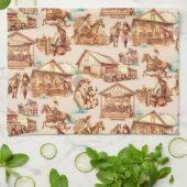 ウェスタン女性のカーボーイランチホースシーン キッチンタオル (折り畳み)