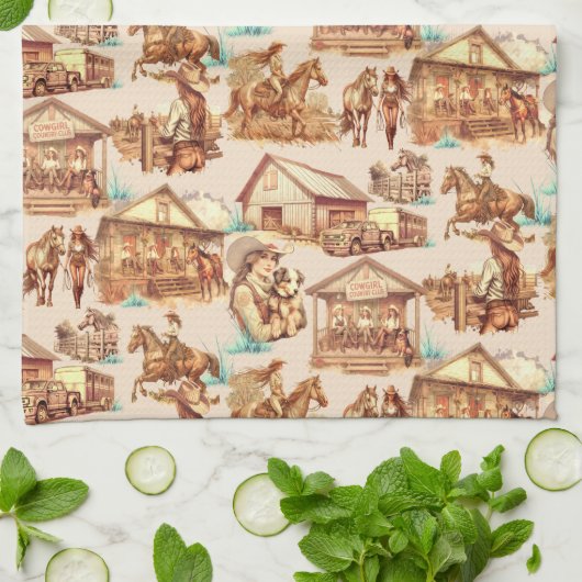 ウェスタン女性のカーボーイランチホースシーン キッチンタオル (折り畳み)