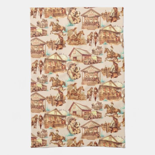 ウェスタン女性のカーボーイランチホースシーン キッチンタオル (縦)