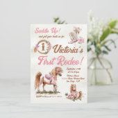 ウェスタン女性のカーボーイロデオピンクボウポニー誕生日 招待状 (スタンド正面)