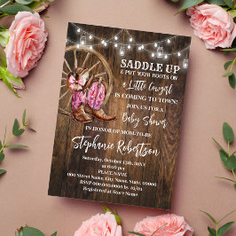 ウェスタン女性のカーボーイ来ズトゥータウンピンクベビーシャワー 招待状