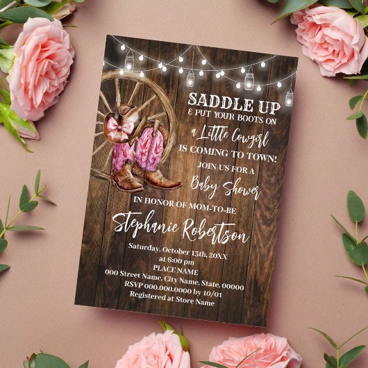 ウェスタン女性のカーボーイ来ズトゥータウンピンクベビーシャワー 招待状