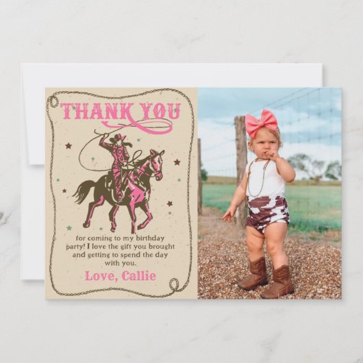 ウェスタン女性のカーボーイ誕生日フォトサンキューカード サンキューカード (正面)