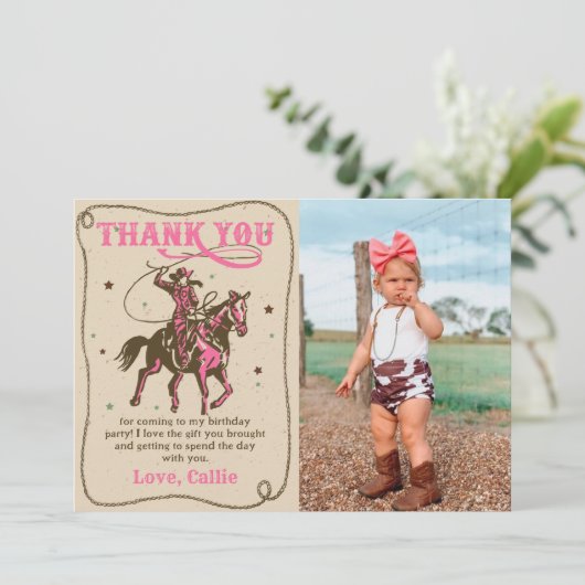 ウェスタン女性のカーボーイ誕生日フォトサンキューカード サンキューカード (スタンド正面)