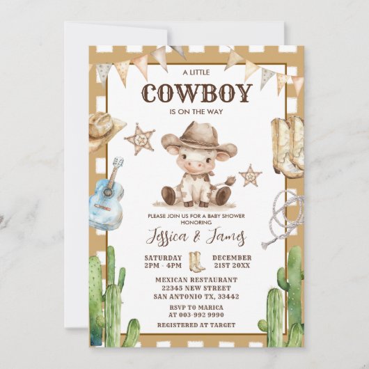ウェスタン小さなカウボーイが赤ちゃんシャワーの途中にある 招待状 (正面)