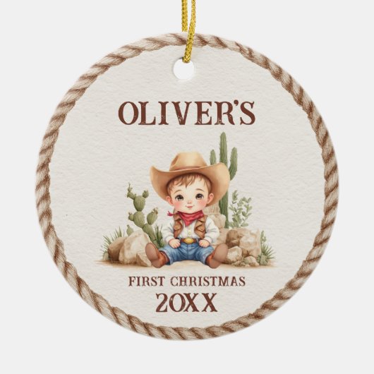 ウェスタン男の赤ちゃん初めてのクリスマスフォトオーナメント セラミックオーナメント (正面)