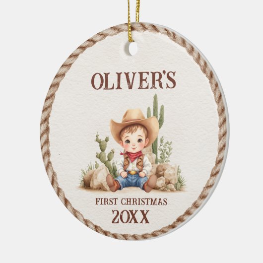 ウェスタン男の赤ちゃん初めてのクリスマスフォトオーナメント セラミックオーナメント (左)