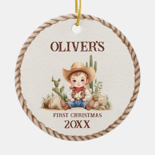 ウェスタン男の赤ちゃん初めてのクリスマス セラミックオーナメント (正面)