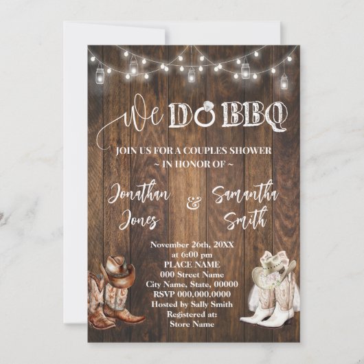 ウェスタン私たちはBBQカップルのシャワーカントリーブーツをする 招待状 (正面)