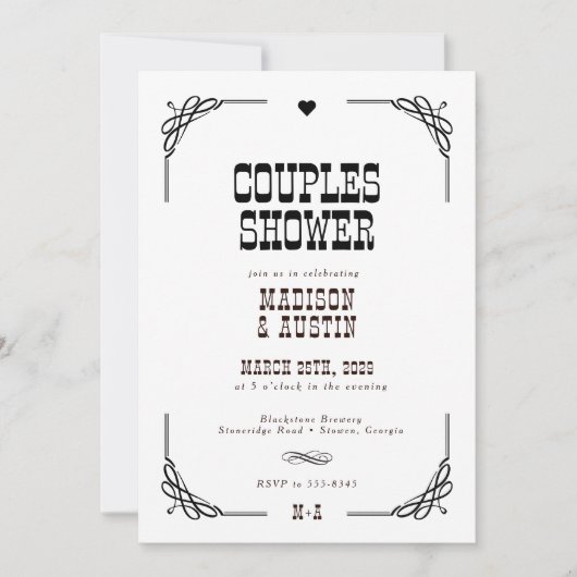 ウェスタン素朴カウボーイカップルブライダルシャワー 招待状 (正面)