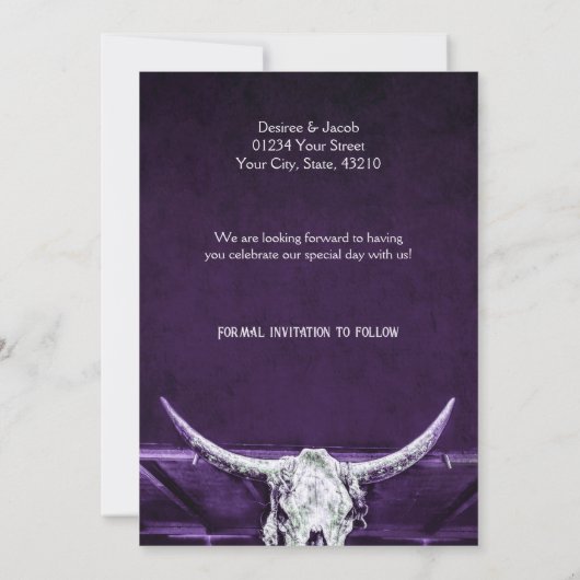 ウェスタン素朴カントリーダークパープルブルスカル セーブザデート (裏面)