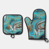 ウェスタン素朴カントリーブルーターコイズモノグラム 鍋つかみ&鍋敷きセット (正面)