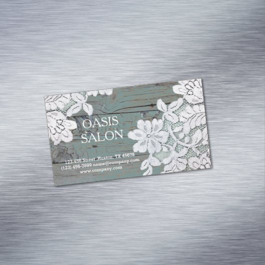 ウェスタン素朴カントリーホワイトレースティール(緑がかった色)バーンウッド マグネット名刺 (インサイチュ)