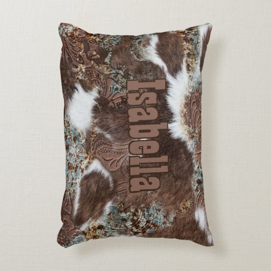 ウェスタン素朴カントリー牛革ターコイズ名 アクセントクッション (正面(垂直))