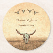 ウェスタン素朴カントリー結婚の牛のスカル ラウンドペーパーコースター (正面)