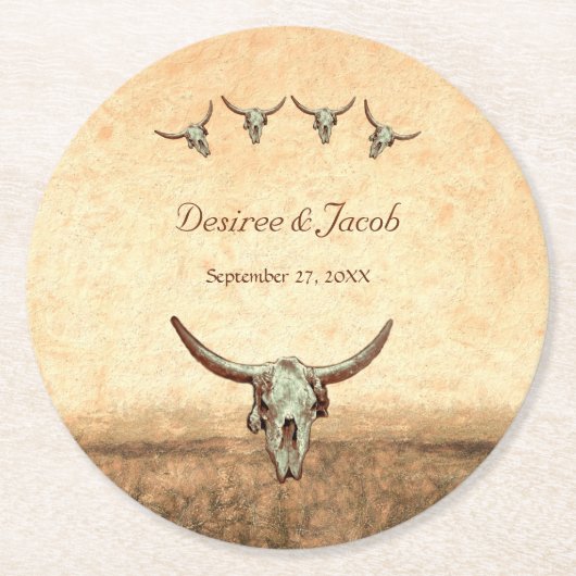 ウェスタン素朴カントリー結婚の牛のスカル ラウンドペーパーコースター (正面)