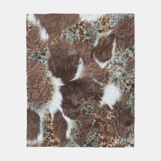 ウェスタン素朴コーウィドブラウンレザーターコイズ フリースブランケット (正面)