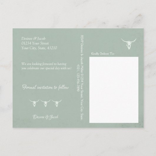 ウェスタン素朴スカルセージ緑の日付を保存 ポストカード (裏面)