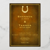 ウェスタン素朴スホースシューブラウン&金ゴールド結婚ズ 箔招待状 (正面)