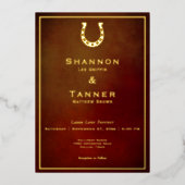 ウェスタン素朴スホースシューブルゴーニュ&金ゴールド結婚ズ 箔招待状 (正面)