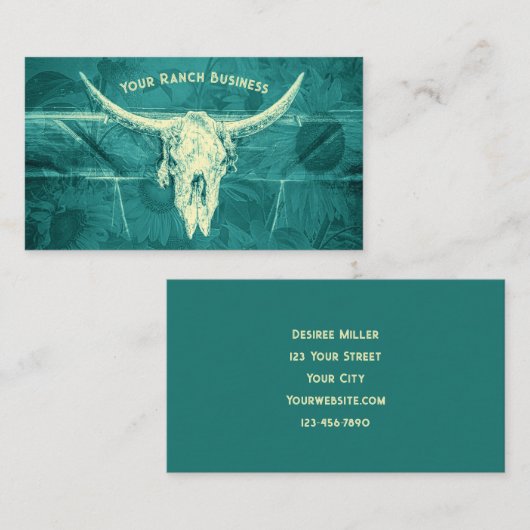 ウェスタン素朴ダークティール(緑がかった色)サンフラワーズブルスカル 名刺 (正面/裏面)