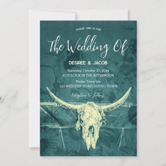 ウェスタン素朴ダークティール（緑がかった色）サンフラワーズブルスカル 招待状 (正面)