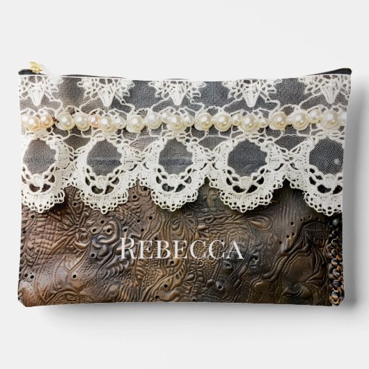 ウェスタン素朴ツーードレザーとアンティークレースlg アクセサリーポーチ (正面)