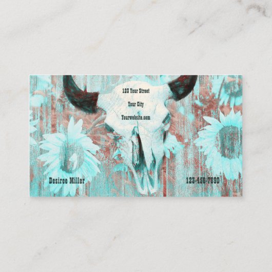 ウェスタン素朴ティール(緑がかった色)カントリーブルスカルひまわり花 名刺 (裏面)