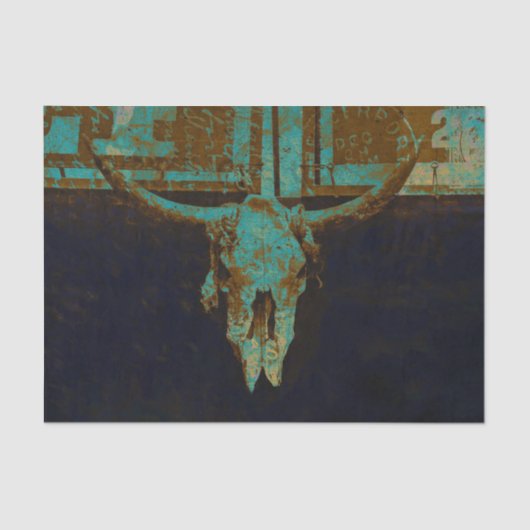 ウェスタン素朴ティール（緑がかった色）ブラウン金ゴールドヴィンテージブルスカル 薄葉紙 (正面)