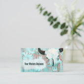 ウェスタン素朴ティール(緑がかった色)ブルスカルひまわり花オンウッド 名刺 (スタンド正面)