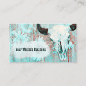 ウェスタン素朴ティール(緑がかった色)ブルスカルひまわり花オンウッド 名刺 (正面)