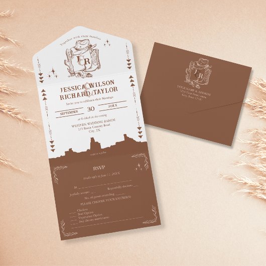 ウェスタン素朴デザートカウボーイブーツスカル オールインワン招待状