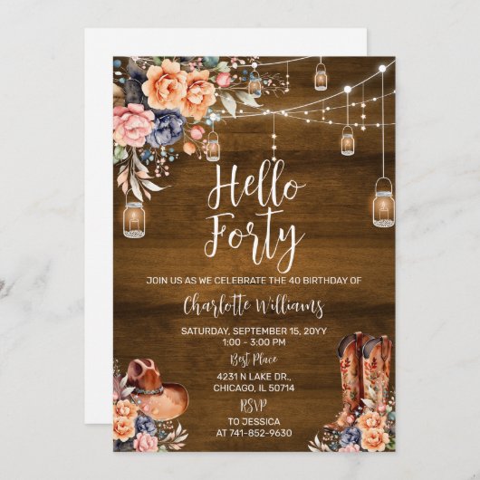 ウェスタン素朴ハローフォーティバースデーパーティー 招待状 (正面/裏面)