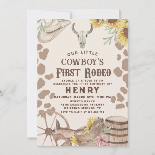 ウェスタン素朴ファースト・ロデオ・カウボーイ1歳の誕生日 招待状 (正面)