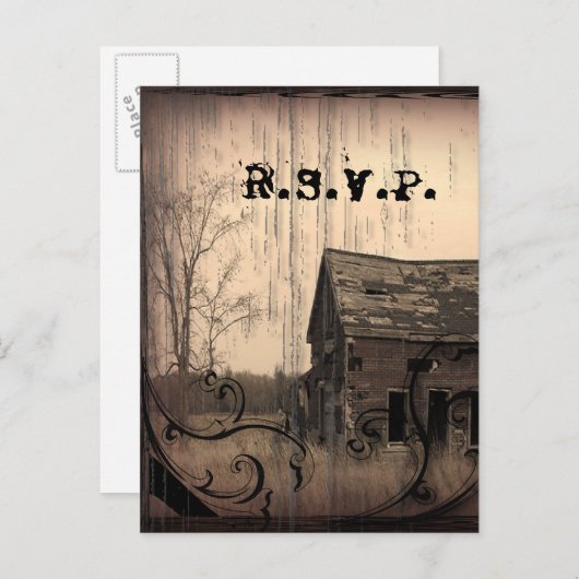 ウェスタン素朴ファームバーンカントリーウェディングRSVP インビテーションポストカード (正面/裏面)
