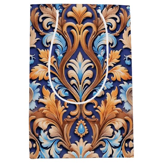 ウェスタン素朴フローラダマスクパターンデニムレザー ミディアムペーパーバッグ (正面)