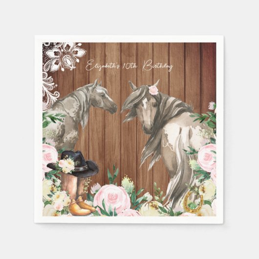 ウェスタン素朴フローラ女性のカーボーイ誕生日パーティー スタンダードカクテルナプキン (正面)