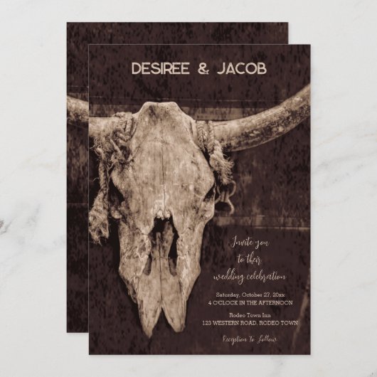 ウェスタン素朴ブラウンカントリーロデオブルスカル 招待状 (正面/裏面)