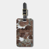 ウェスタン素朴ブラウンレザーコーウィドプリント名 ラゲッジタグ (正面縦)