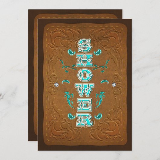 ウェスタン素朴ブラウン&ターコイズブライダルシャワー 招待状 (正面/裏面)