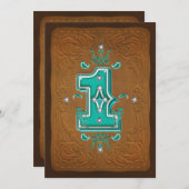 ウェスタン素朴ブラウン&ターコイズ1 One 1パーティー 招待状 (正面/裏面)