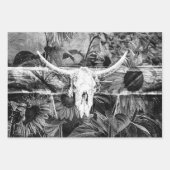 ウェスタン素朴ブラック&ホワイトフローラブルスカル ラッピングペーパーシート (正面3)