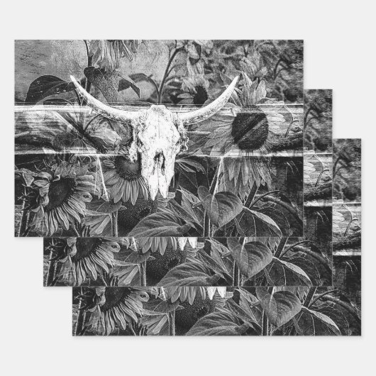 ウェスタン素朴ブラック&ホワイトフローラブルスカル ラッピングペーパーシート (セット)