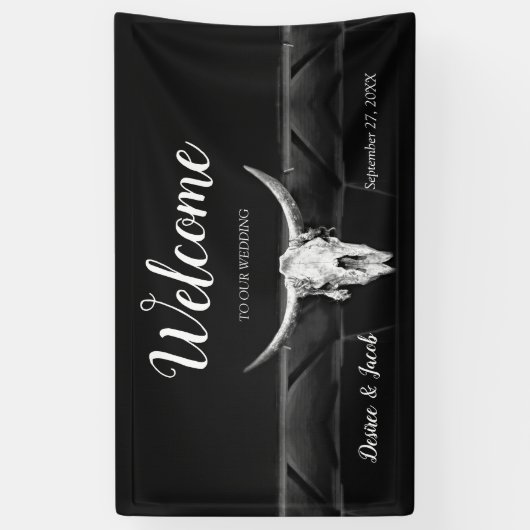 ウェスタン素朴ブラック&ホワイトブルスカルへようこそ 横断幕 (縦)