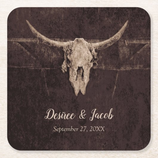 ウェスタン素朴ブルスカルの結婚カントリーテクスチャ スクエアペーパーコースター (正面)