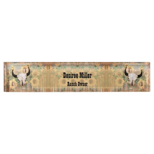 ウェスタン素朴ブルスカルひまわり木のテクスチャ デスクネームプレート (正面)