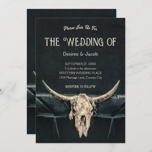 ウェスタン素朴ベージュグレーカントリーブルスカル 招待状 (正面/裏面)