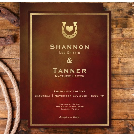 ウェスタン素朴ホースシューズハートブルゴーニュ&金ゴールド 招待状
