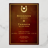 ウェスタン素朴ホースシューズハートブルゴーニュ&金ゴールド 箔招待状 (正面)