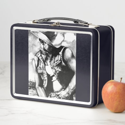 ウェスタン素朴モノグラムのカウボーイスケッチブラック メタルランチボックス (インサイチュ)